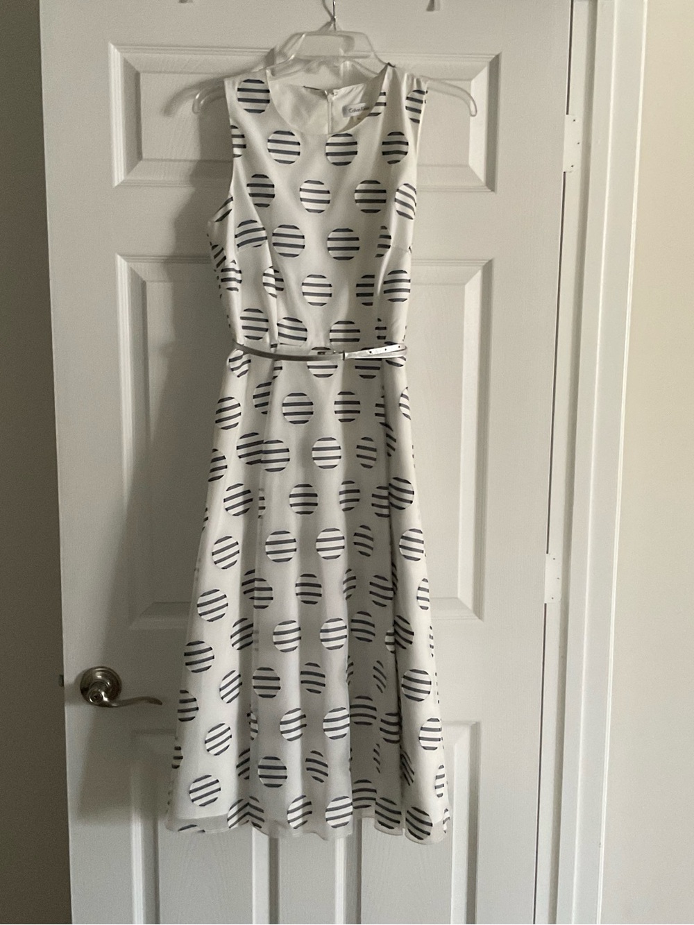 Calvin Klein White Midi Dress with Navy Dot-Stripes